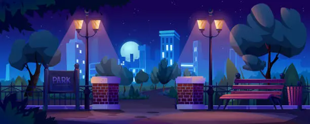 Vector illustration of City park at night, cityscape panorama on background. Vector parkland outdoors elements at night-time, illuminated lamp posts, trees, grass and bushes, wooden bench, forged fence, street waste bin