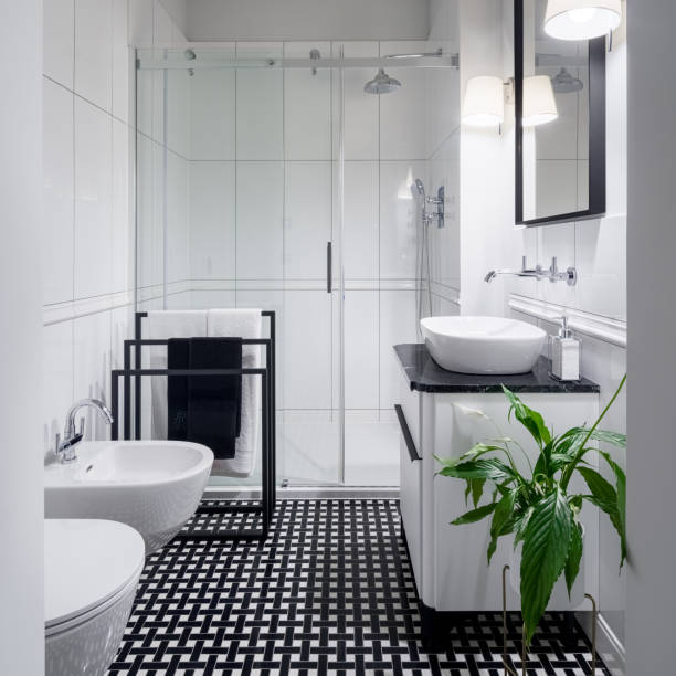 istock Elegant black and white bathroom interior 1309926649