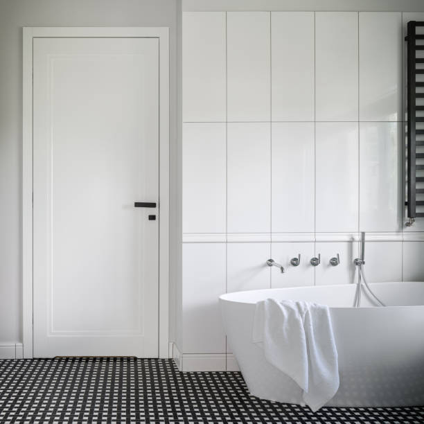 istock Luxury bathtub in black and white bathroom 1309926651