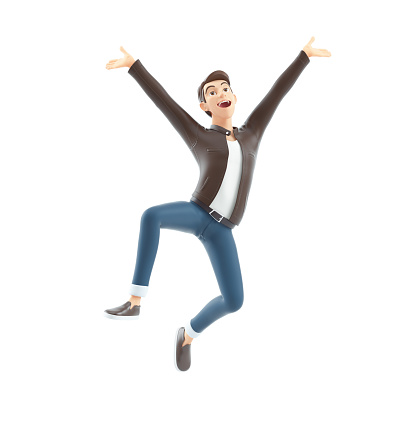 3d happy cartoon man jumping, illustration isolated on white background