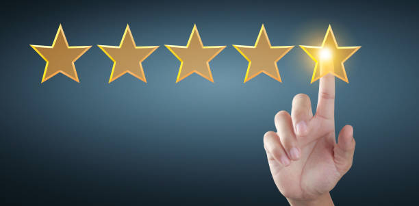 istock Hand of touching rise on increasing five stars. Increase rating evaluation classification concept 1309929267