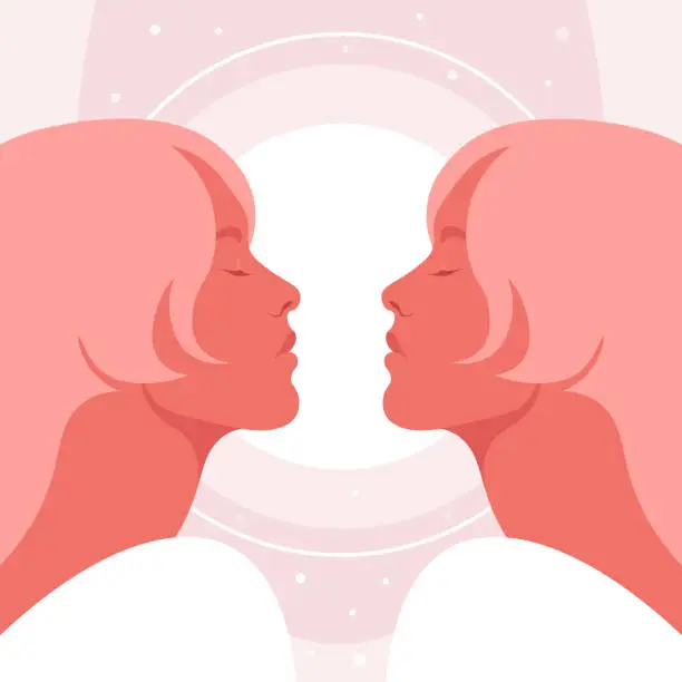 Vector illustration of Profile of a two young women with closed eyes. Gemini. Side view.