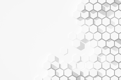 White fading hexagon blocks with copy space. 3D illustration