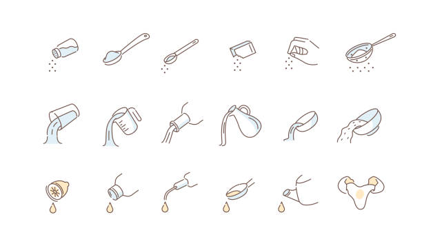 cooking instructions Instructions how to Add Salt, Eggs, Milk and other Cooking Ingredients. Kitchen Measurement for Liquids and Dry Ingredients. Various Dishes Directions. Flat Line Vector Illustration and Icons set. teaspoon stock illustrations