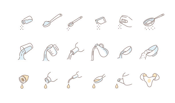 cooking instructions Instructions how to Add Salt, Eggs, Milk and other Cooking Ingredients. Kitchen Measurement for Liquids and Dry Ingredients. Various Dishes Directions. Flat Line Vector Illustration and Icons set. pouring stock illustrations