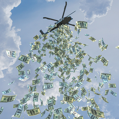 Helicopter money concept, dollars are spread out to increase financial liquidity. Economy and finance. 3d render.