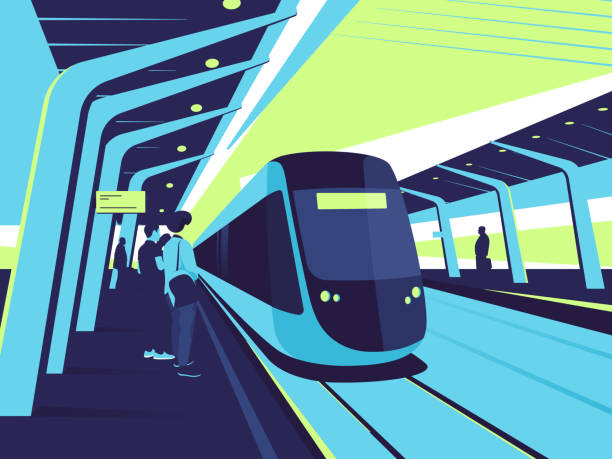 illustrazioni stock, clip art, cartoni animati e icone di tendenza di su una banchina della stazione. illustrazione vettoriale sul tema del treno, del tram, della metropolitana - cable car illustrations