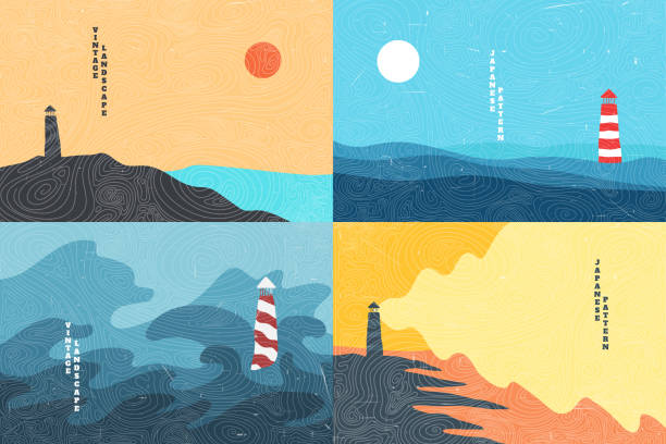 Vector illustration. Minimalist contemporary painting landscapes. Japanese linear pattern overlay. Modern graphic. Hand drawn line art. Hand drawn design elements for banner, social media template.