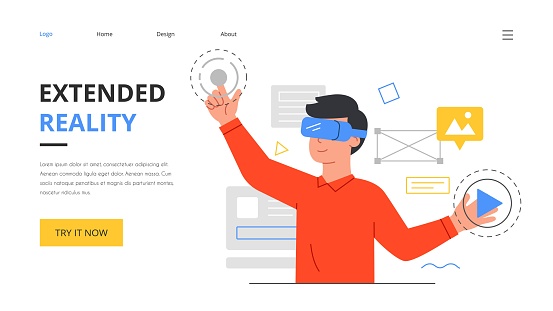Augmented or extended reality abstract concept. Man wearing 3d goggles or headset to work in a business application. Flat cartoon vector illustration. Website web page, landing page template