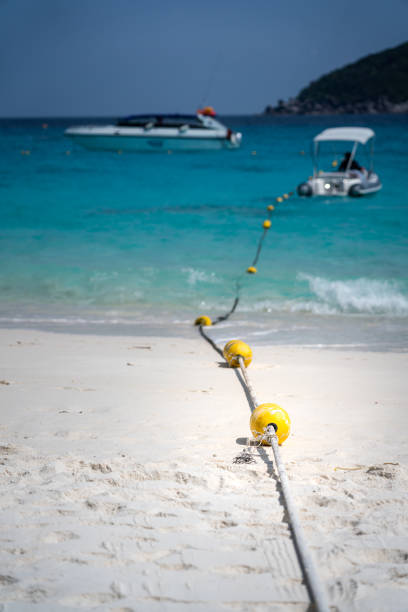 istock Ocean buoy barricade line on the sand beach. 1309934921