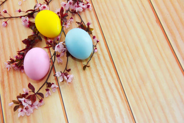 istock colorful easter eggs and pink cherry blossoms 1309937823