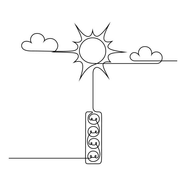 Solar energy icon Solar energy in continuous line art drawing style. Abstract scene of sun connected to power strip. Renewable energy sources. Black linear design isolated on white background. Vector illustration gang socket stock illustrations