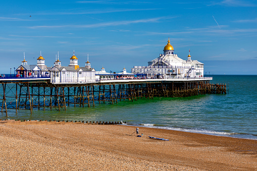 Eastbourne, United Kingdom - Sept 05, 2019: Eastbourne Pier is a seaside pleasure pier in Eastbourne, East Sussex, on the south coast of England.