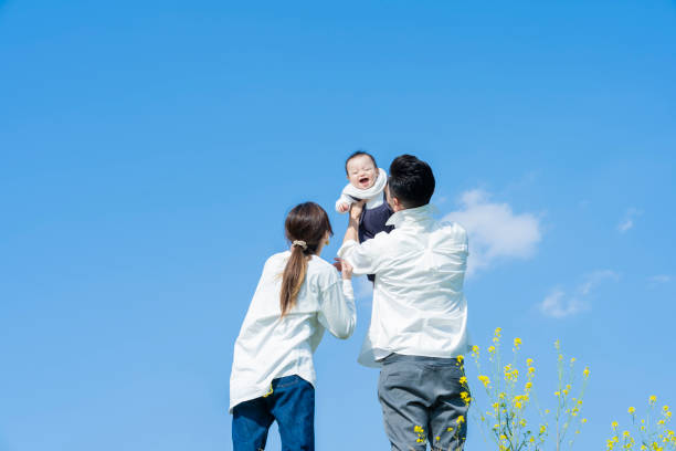 Parents holding their baby high