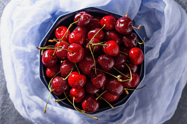 istock top view cherries with drop in blue bowl on blue gauze 1309940275