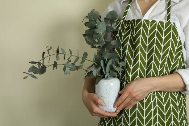 istock Florist holds vase with eucalyptus on light beige background 1309940672