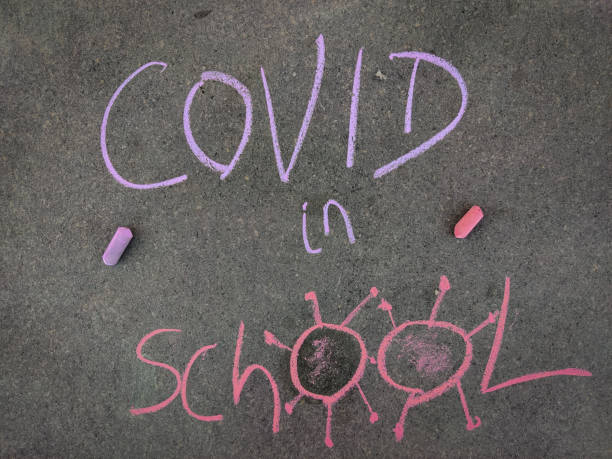 istock The inscription text on the grey board, Covid in school with hand drawn coronavirus. Using color chalk pieces. 1309942148