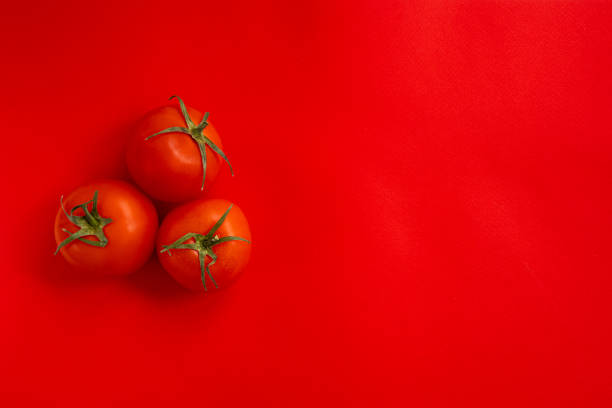 istock red tomato with green stalk on red background 1309943301