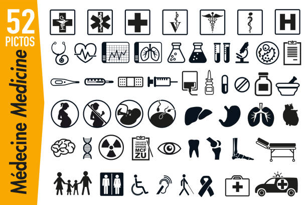 Signaling pictograms for medicine and health Pictograms to illustrate the theme of medicine and health, grouping on a board, the signage for the hospital. pill organizer stock illustrations
