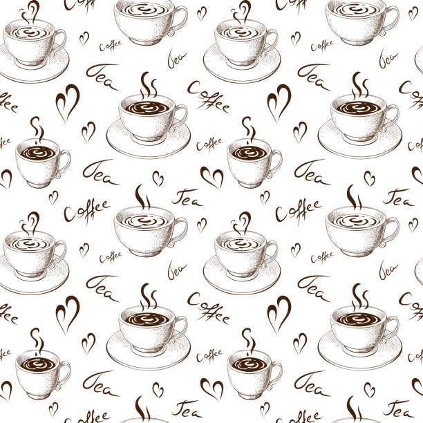 ilustraciones, imágenes clip art, dibujos animados e iconos de stock de café sin costuras, patrón de té aislado en blanco. tazas de café dibujadas a mano de fondo sin fin con letras. sketch doodle estilo ilustración vectorial. plantilla de fondo vintage grabada con bebidas calientes. - black abstract engraved image coffee