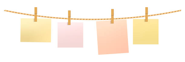 Paper notes hanging on a rope with clothespins Paper notes hanging on a rope with clothespins. Realistic vector illustration isolated on white background. clothespin wood stock illustrations