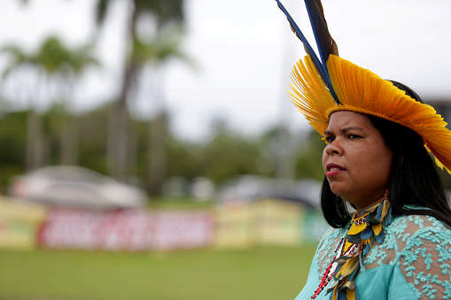 salvador, bahia / brazil - may 29, 2017: indigenous woman from Pataxo ethnicity is seen during a camp at the Bahia Administrative Center in Salvador to discuss the political situation and demand land demarcation.