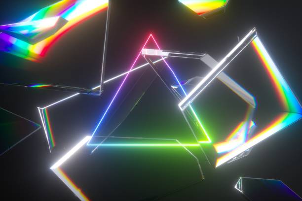 3d render, abstract futuristic background, triangular frame broken glass debris and neon light colorful spectrum, glowing laser rays - prism spectrum laser rainbow imagens e fotografias de stock