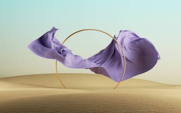 istock 3d render, abstract fashion background with violet falling drapery and golden round frame on a desert landscape, modern minimal concept 1309946303