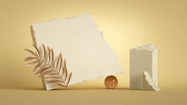 istock 3d render, abstract background with stone ruins and tropical golden leaf isolated on sunny yellow background. Modern minimal showcase scene for product presentation 1309946326