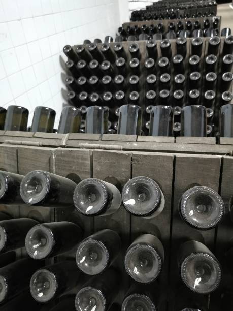 istock Champagne bottle production in winery cellar 1309946350