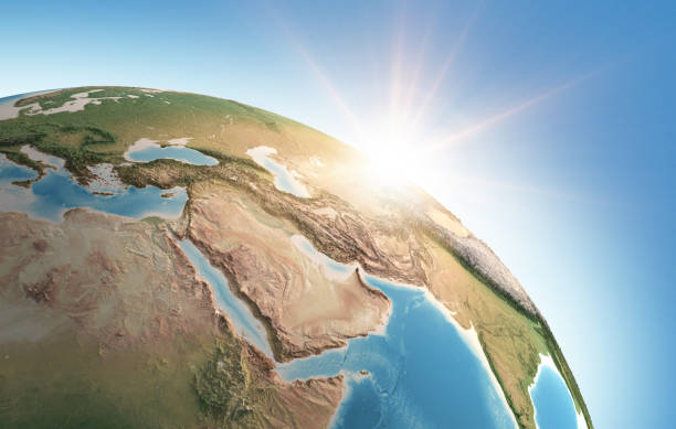 Sun shining over the Earth. Middle East and Arabian Peninsula. Sun shining over a high detailed view of Planet Earth, focused on Middle East and Arabian Peninsula. 3D illustration (Blender software), elements of this image furnished by NASA (https://eoimages.gsfc.nasa.gov/images/imagerecords/73000/73776/world.topo.bathy.200408.3x5400x2700.jpg) arabian peninsula stock pictures, royalty-free photos & images