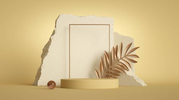 istock 3d render, abstract background with stone ruins, square frame, empty podium and tropical golden leaf isolated on sunny yellow background. Modern minimal showcase scene for product presentation 1309946767