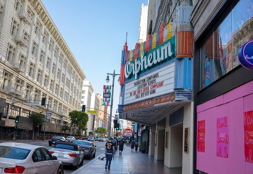 March 2021, Los Angeles California, USA-  The historic Orpheum Theatre located on S. Broadway in downtown Los Angeles