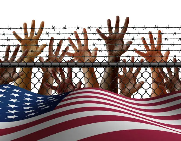 American immigration and United States refugee crisis concept as immigrant people on a border wall with a US flag as a social issue about refugees or illegal immigrants with 3D illustration elements.