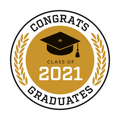Class of 2021 in golden palm wreath, Congrats Graduates. Template for graduation design, party,  invitation card, web banner, graduate yearbook. Vector illustration. Stock illustration