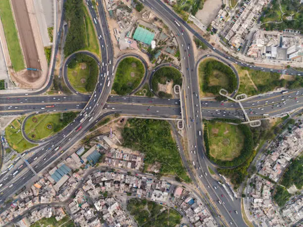 Aerial image of Panamericana Highway in Lima Peru. Image of transport junction and city.