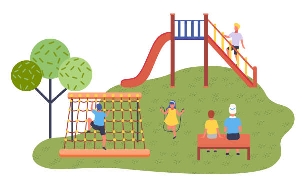 istock Children spending time at playground, slide, rope wall, jumping rope, relaxing at bench, hobbies 1309951194