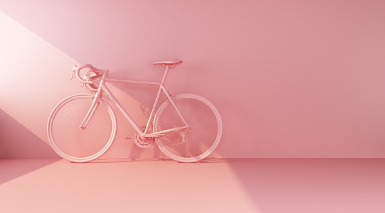 pink bike on pink wall side view. 3d rendering