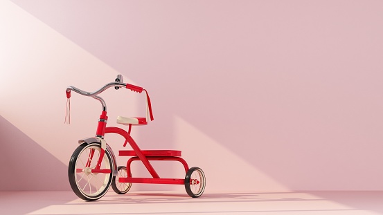 red kids tricycle with copy space. 3d rendering