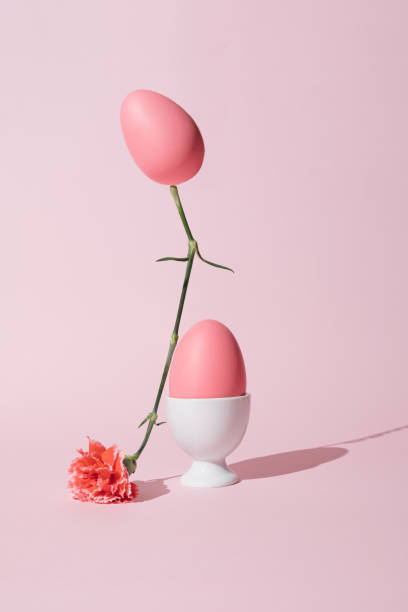 istock 2021 Easter creative still life composition. Pastel pink egg balancing on top of Spring flower. Trendy minimal concept. 1309952277