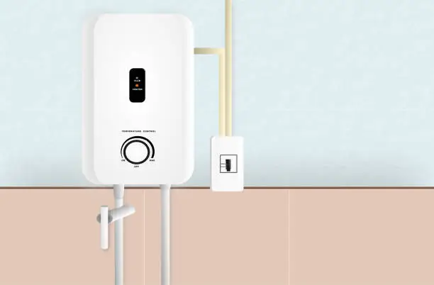 Vector illustration of White instant water heater installed with circuit breaker on the wall of bathroom with free copy space. Safety first concept.