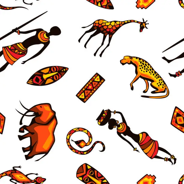 Vector illustration of African ethnic seamless pattern. People, animals and masks.