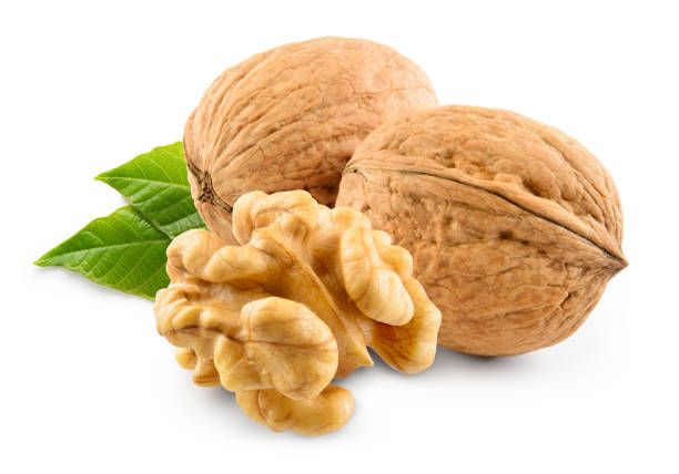istock Walnut with leaf isolate. Walnuts peeled and unpeeled with leaves on white. Walnut nut side view. With clipping path. Full depth of field. 1309953536
