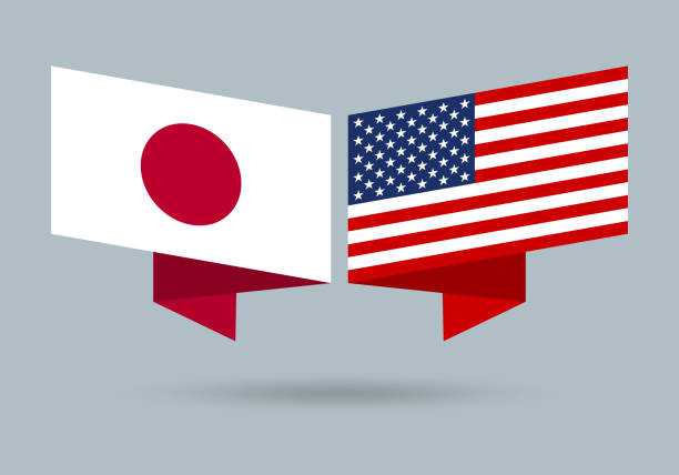 ilustraciones, imágenes clip art, dibujos animados e iconos de stock de banderas de japón y ee.uu. símbolos nacionales americanos y japoneses. ilustración vectorial. - japan flag japanese flag white