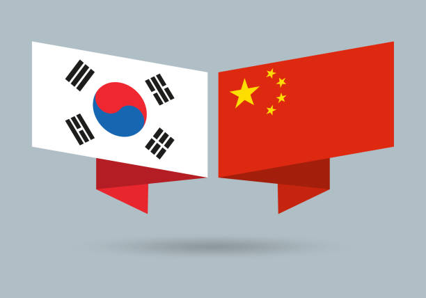 illustrazioni stock, clip art, cartoni animati e icone di tendenza di bandiere della corea del sud e della cina. simboli nazionali cinesi e coreani. illustrazione vettoriale. - origami ribbon banner direction