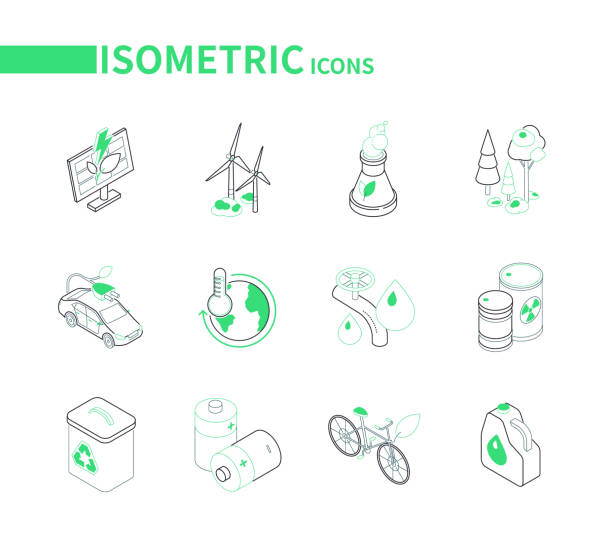 Eco lifestyle - modern line isometric icons set Eco lifestyle - modern line isometric icons set. Recycling, water conservation, energy saving concepts. Solar panel, wind turbines, cooling tower, forest, electric car, global warming, bicycle nuclear energy stock illustrations