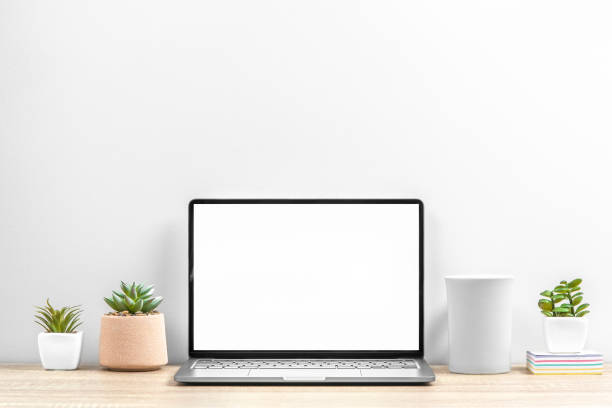 istock Workplace at office, home with laptop, cup and plants on the table, copy space. 1309953954