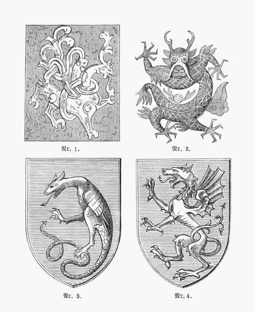 motywy smoków heraldycznych, ryciny drewniane, opublikowane w 1893 roku - coat of arms illustrations stock illustrations