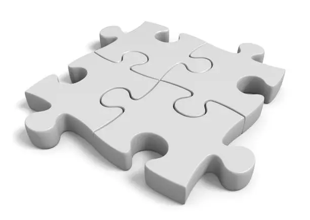 Set of four identical puzzle pieces locked together. Image rendered in 3D over a clean, white background.