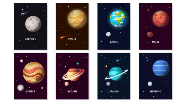 ilustraciones, imágenes clip art, dibujos animados e iconos de stock de conjunto de plantillas de banner planeta del sistema solar - jupiter